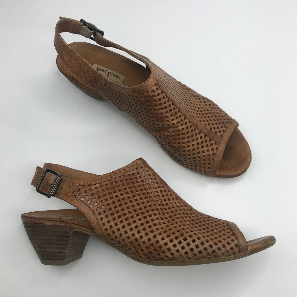 Paul Green Brown Perforated Leather Slingback Sandals